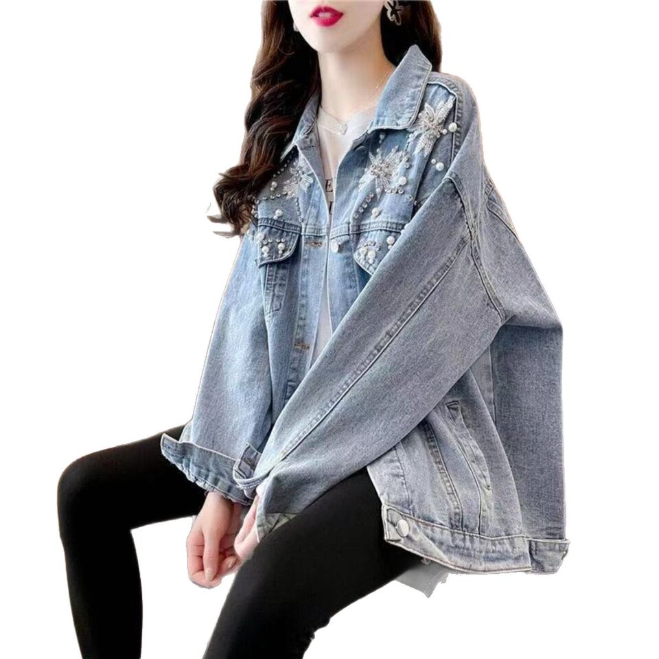 Áo khoác denim nữ dáng rộng đính đá thêu họa tiết, tay dài cổ bẻ — Màu xanh dương