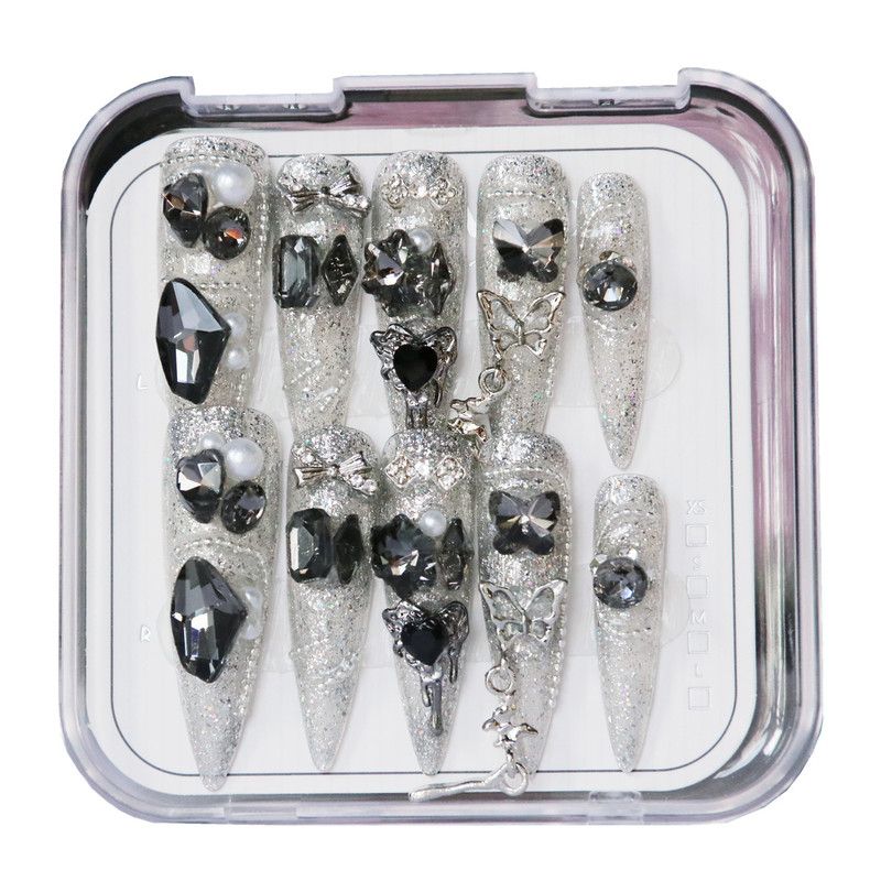Hand-worn Armor New Cross-border European and American Pointed Ultra-long silver Full Diamond Fake Nail Removable Nail Pieces Hand-worn Armor New Cross-border European and American Pointed Ultra-long silver Full Diamond Fake Nail Removable Nail Pieces