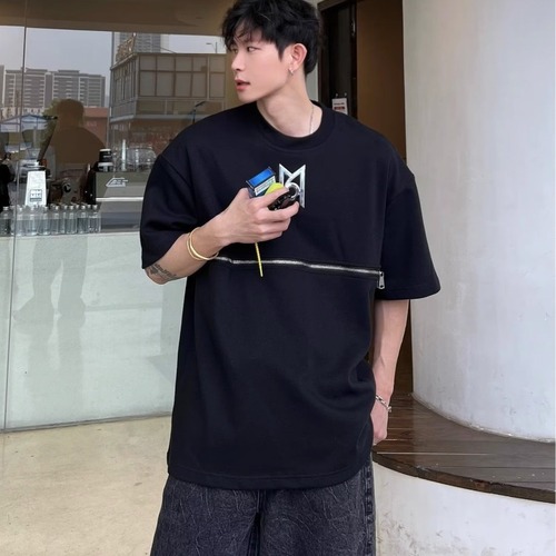 Trendy Short-Sleeve Men's Metal Shoulder Pad T-Shirt with Zipper Design, Advanced Sense of Style, Loose Five-Sleeve Top