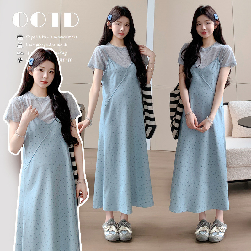 Maternity Summer Dress, Fashionable New Style, Summer Stylish Floral Suspender Dress, T-Shirt Set, Beautiful Dress for Pregnancy