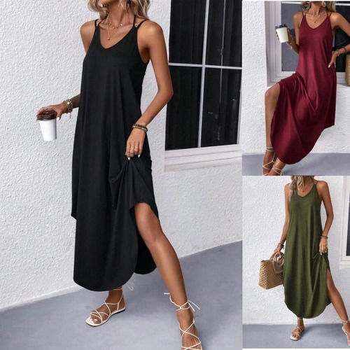 Summer European and American elegant style women's cotton polyester spaghetti strap V-neck solid color A-line women's dress
