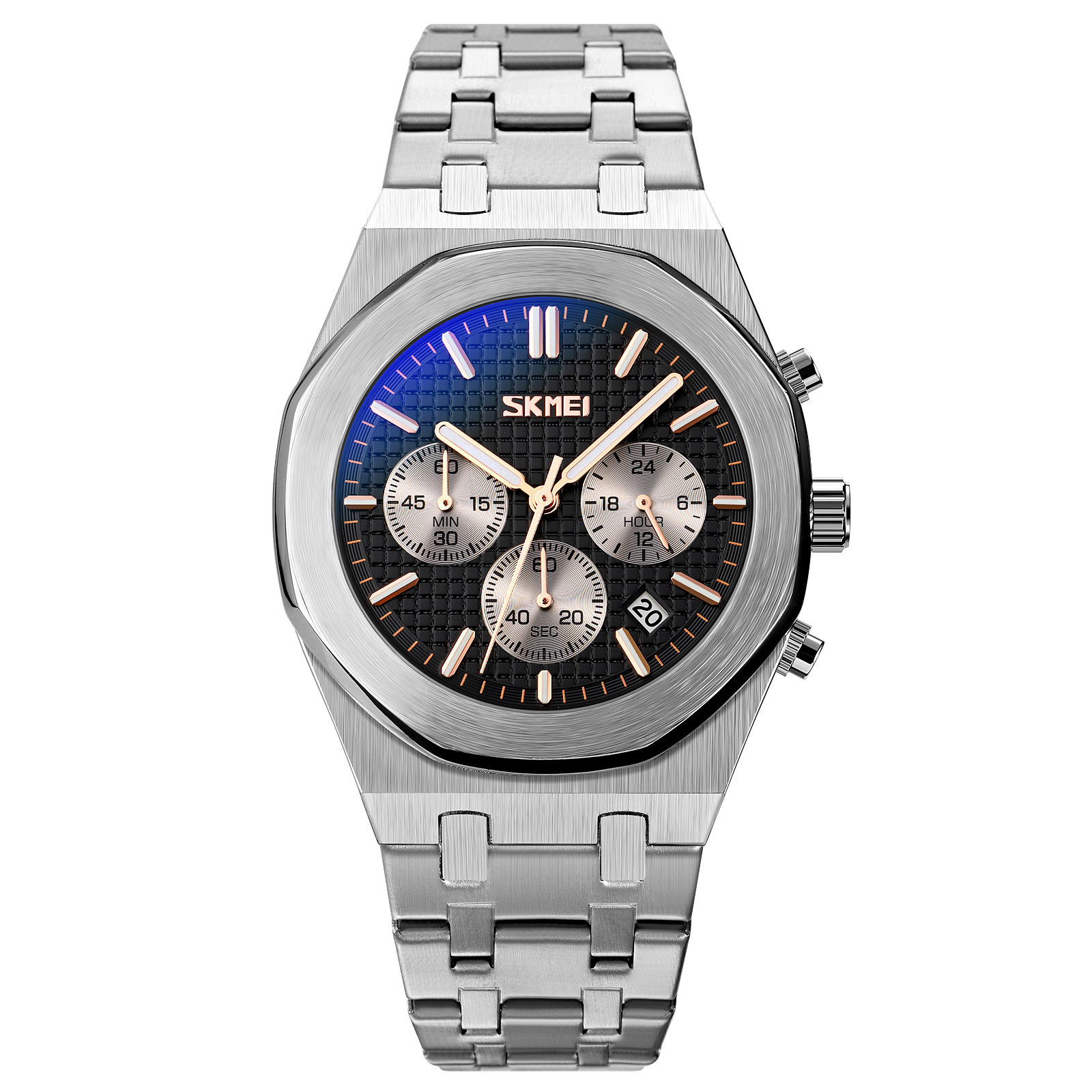 Momento de los relojes de pulsera de tres ojos seis agujas multifuncional correa de acero para hombres reloj de cuarzo impermeable suministro transfronterizo