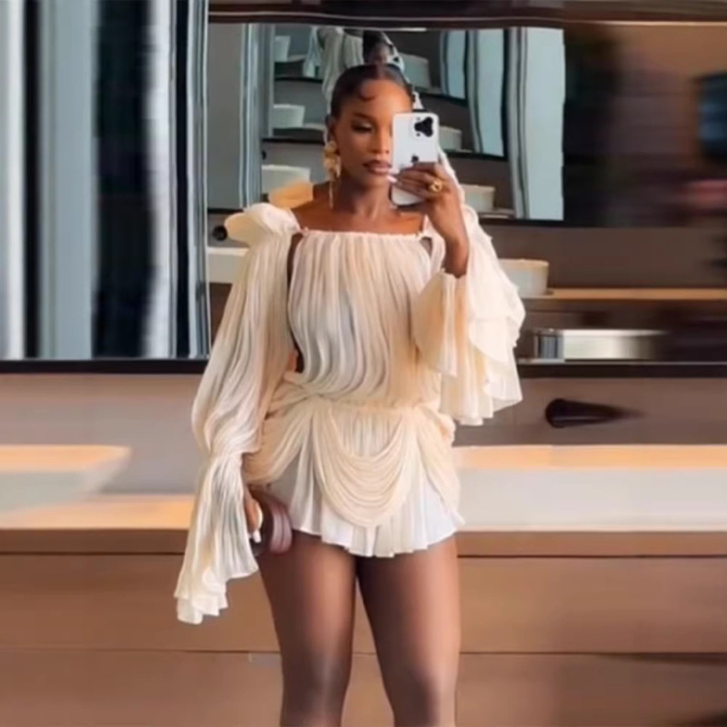 Cross-Border Amazon 2026 Spring/Summer New Women's Clothing: Elegant and High-End Waist-Cinching Short Off-Shoulder Dress Cross-Border Amazon 2026 Spring/Summer New Women's Clothing: Elegant and High-End Waist-Cinching Short Off-Shoulder Dress