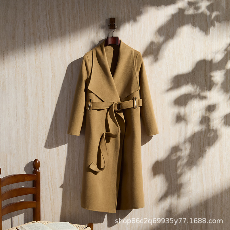 Loose-fitting belted bathrobe style wool and cashmere long coat for autumn and winter, unbuttoned, belted, knitted, versatile, solid color, slimming.