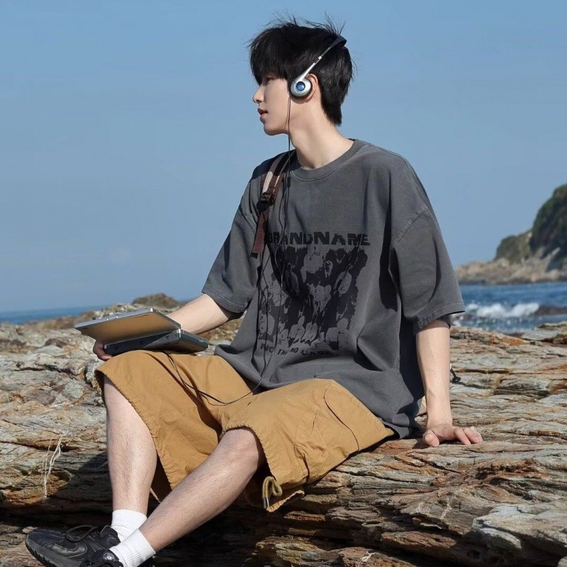 Camiseta de cuello redondo y manga corta, estilo coreano, moderna, informal, holgada, para hombre, verano 2025