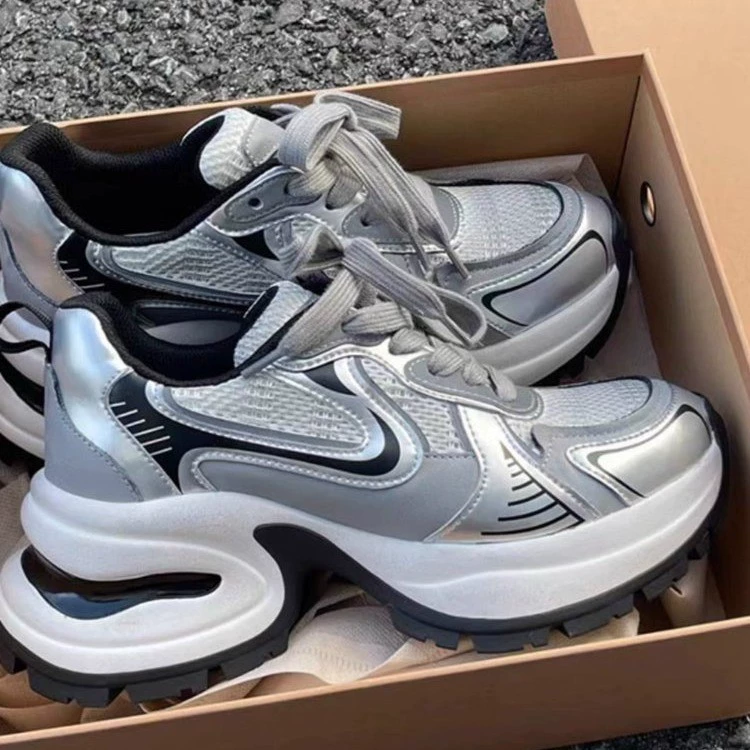 Серебряные кроссовки на толстой подошве, весна-осень 2021, новые сетчатые туфли для папы из натуральной кожи на шнуровке, повседневная обувь, удобная и модная