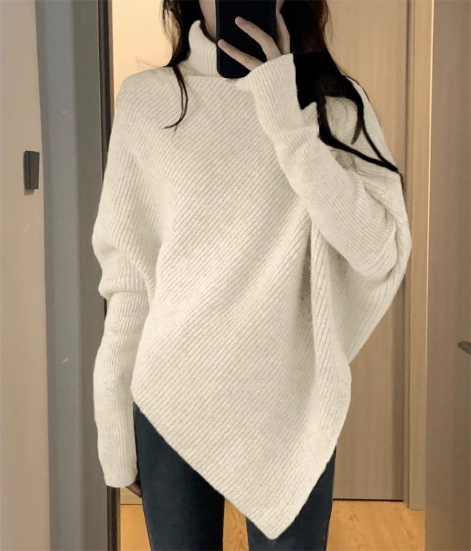 高领不规则小众设计感毛衣女秋冬韩版宽松慵懒风软糯针织上衣加厚|undefined