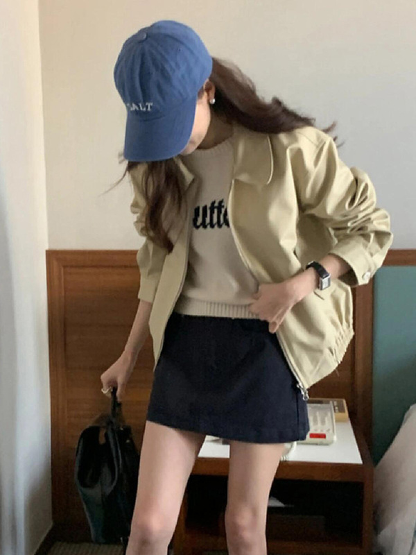 拉夏贝尔卡其色翻领夹克外套女春秋2025年新款韩版宽松工装棒球服|undefined