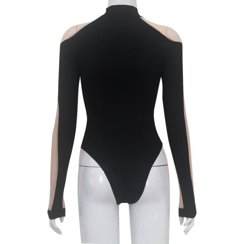 Ropa de mujer europea y americana estilo caliente manga larga malla ajustada costura transparente sexy mono estilo chica caliente delgado de una pieza superior