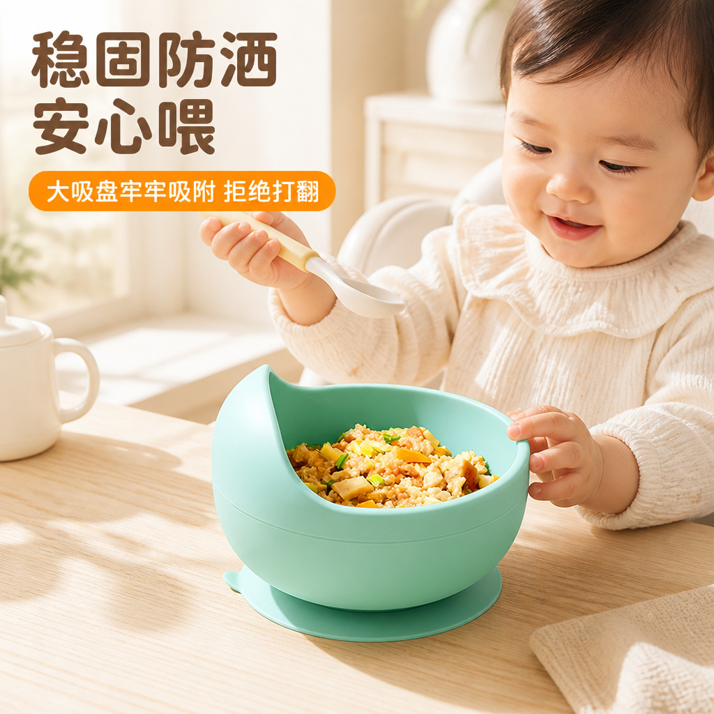 Cross-border silicone suction bowl, baby feeding bowl, anti-drop design, baby tableware, children's feeding bowl with spoon set
