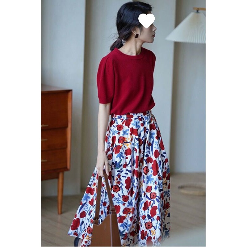 French Retro Style 2026 Summer New Printed Fashion Lettered Skirt Thin Red Knitwear Set for Women
