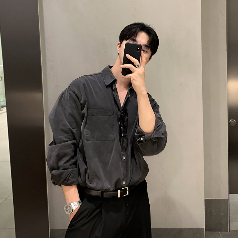 ASCLO韩版新款男装休闲宽松尖领衬衫潮流百搭打底衬衣韩版衬衫