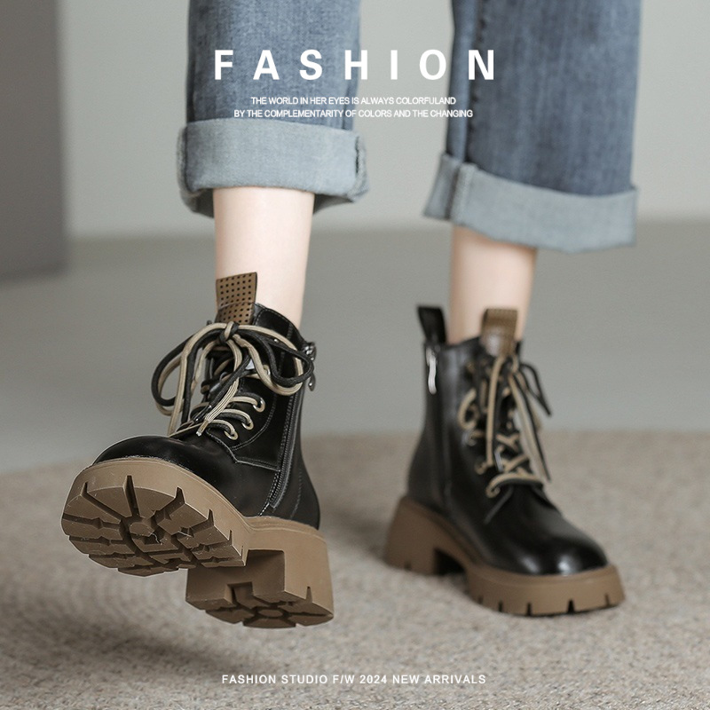 皮靴兔厚底马丁靴生配短靴女加厚秋冬季前系带裙保暖毛绒现货真皮