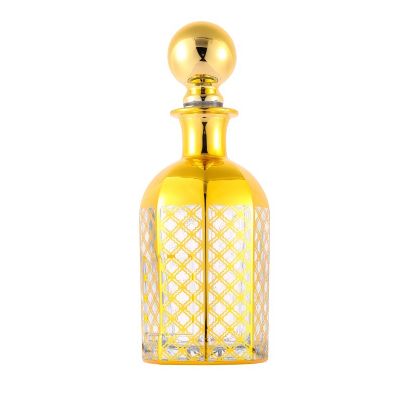 Botella de difusión de vidrio árabe botella de perfume 150ml botella de exhibición de aceite esencial chapado en oro botella de vidrio fragrante botella dividida