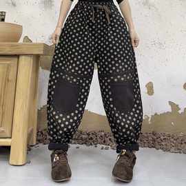 2025冬季新款加绒加厚牛仔波点哈伦长裤女休闲裤子文艺复古棉裤