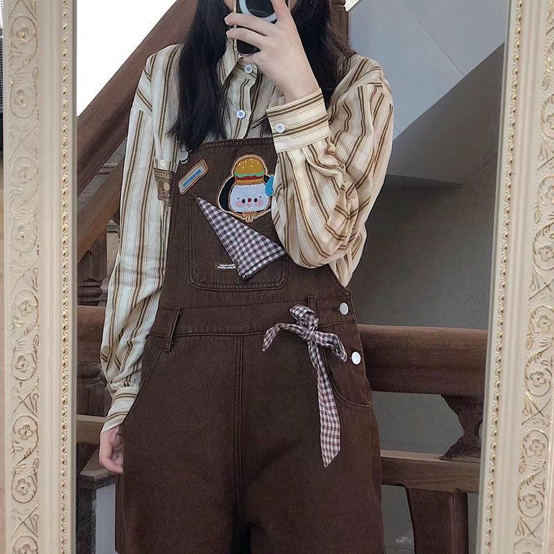 일본 스타일의 귀여운 부드러운 소녀의 양동이 바지 세트 여성의 봄과 가을 2024 새로운 셔츠 넓은 다리 바지 투피스 세트