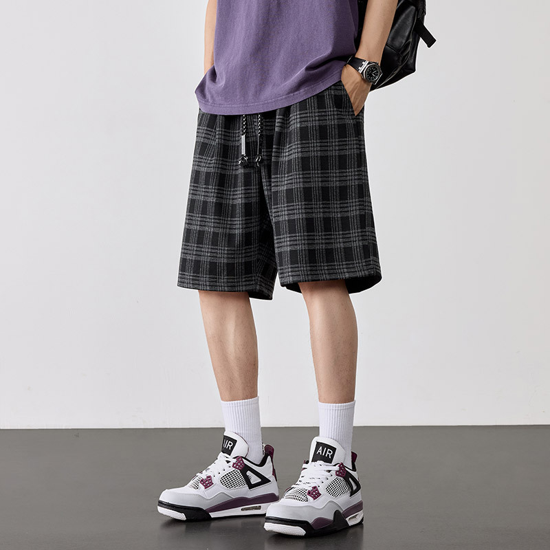 Pantalones cortos a cuadros de gran tamaño para hombres, estilo fino de verano, transpirable y suelto, estilo de Hong Kong, pantalones de cinco puntos más gordos para hombres