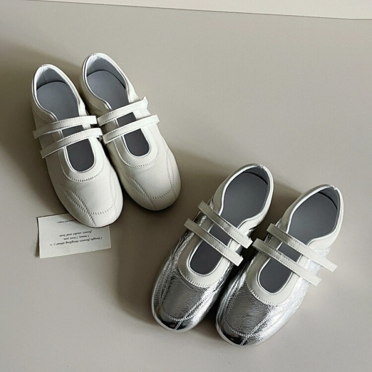 Sheepskin Version ~ silver Velcro Sports Mary Jane Shoes All-match Round-toe Casual Shoes Women's Flat Ballet Training Shoes
