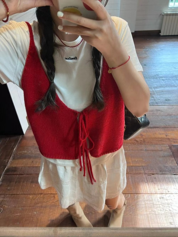 韩系双V领绑带针织开衫马甲女2025秋季气质休闲显瘦吊带背心外搭|undefined