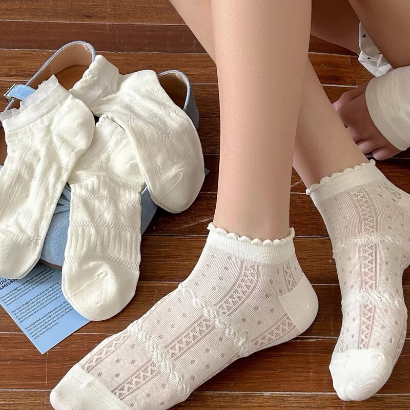 White Socks for Women, Summer Thin Mesh Breathable Japanese-Style Lace White Socks, Summer Short Tube No-Show Socks for Women