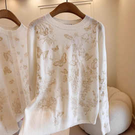 现货D家2024早春新款高品质金丝刺绣蝴蝶圆领羊毛+羊绒套头毛衣女