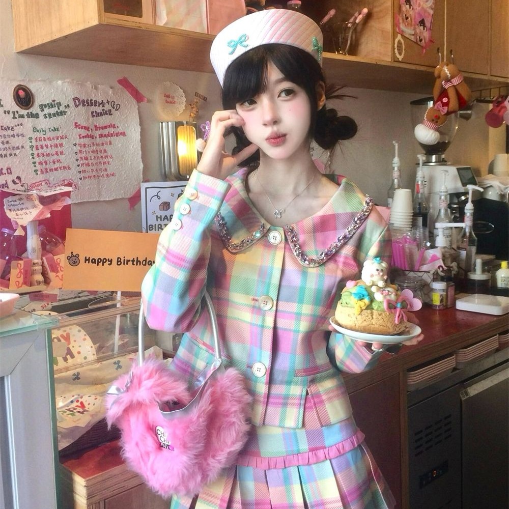 甜美少女格纹娃娃领西装短外套秋季新款高腰显瘦百褶半身裙套装女