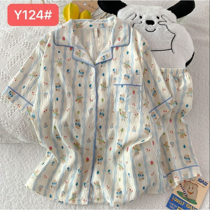 Pijamas de algodón de nube al por mayor transfronterizo para mujer nueva rebeca de verano solapa pantalones cortos de manga corta traje de servicio a domicilio dulce y lindo