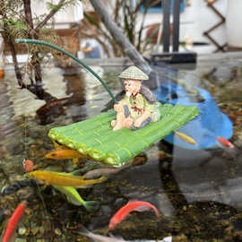 竹排钓鱼老头姜太公钓鱼庭院鱼池流水吸水石盆景鱼缸造景装饰摆件