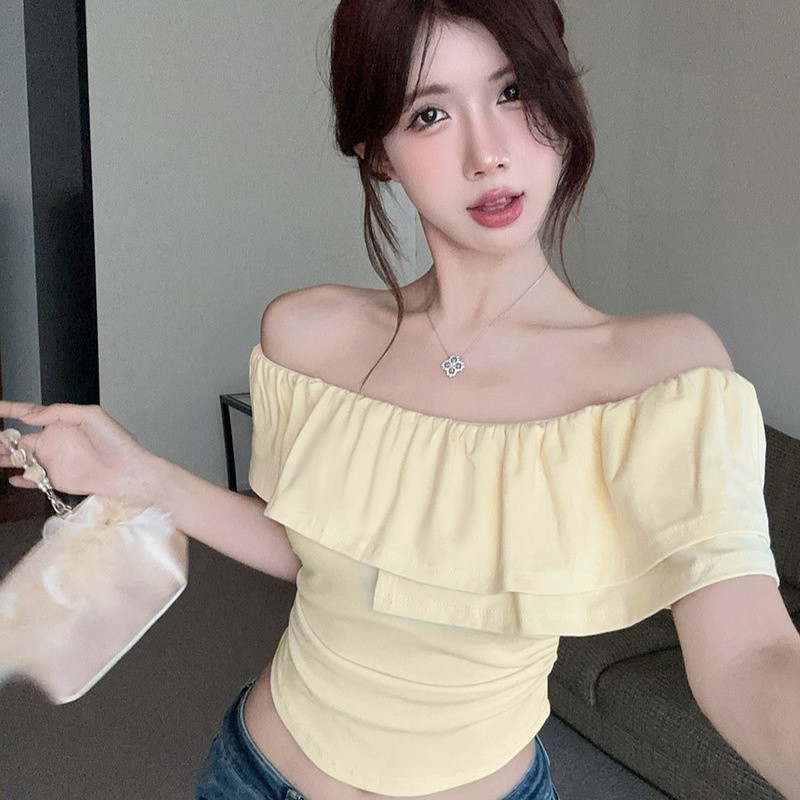 Niche Sexy One-Shoulder Pure Desire Short-Sleeved T-Shirt for Women Summer Ruffled Elegant Design Sexy Short Top