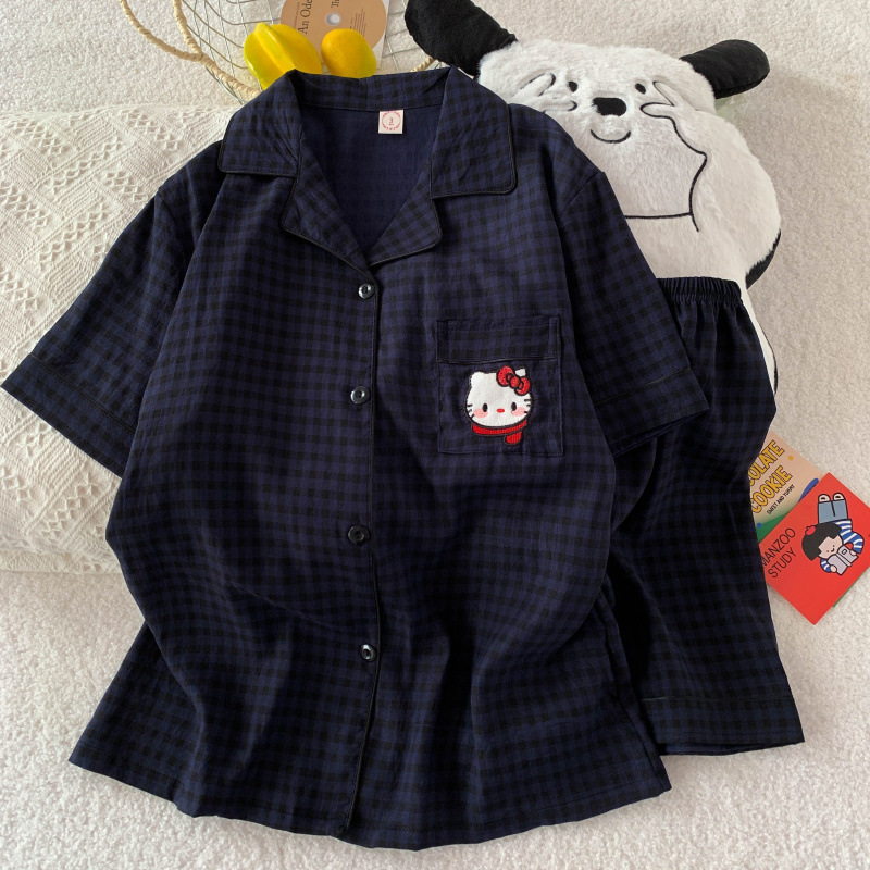 ピンク KT 猫パジャマ夏の女性の純粋な綿半袖ショーツ甘い雲綿夏は家の服セットの外で着用できます|undefined