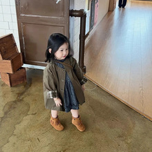 女童风衣外套2025新款秋装儿童拼接格子中长款大衣宝宝英伦风衣服
