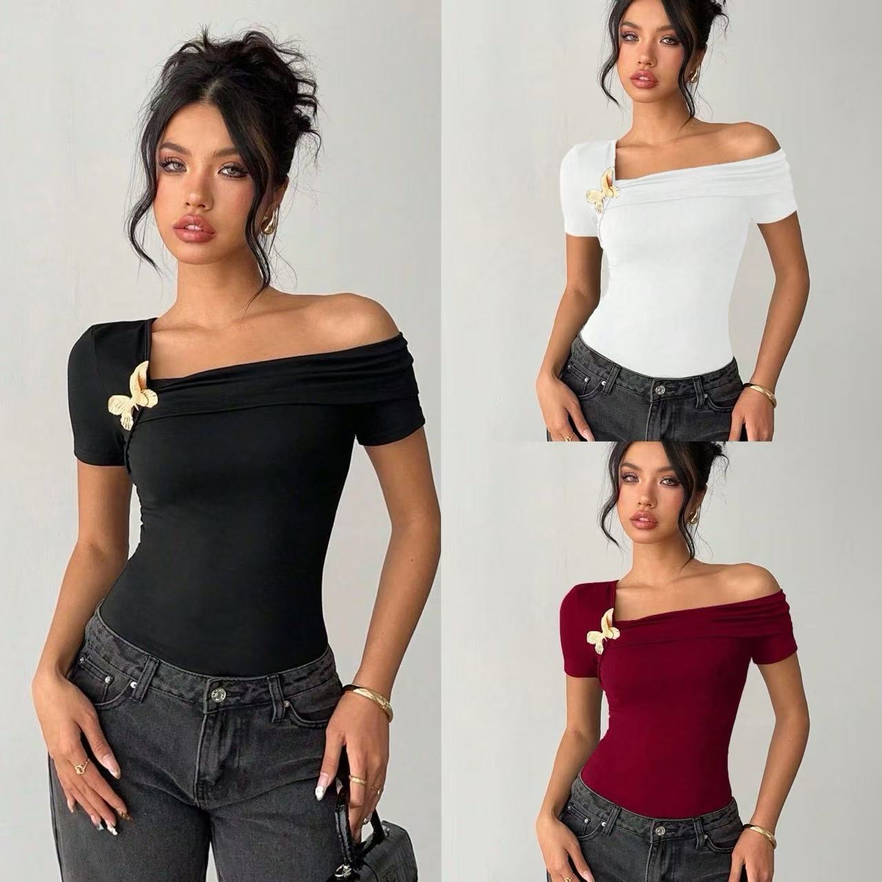 In-Stock Cross-Border Women's Clothing European and American Elegant Simple Off-Shoulder Top Women's Inner Wear T-Shirt Foreign Trade Amazon 250365