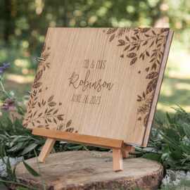 婚礼宾客册个性化木质激光雕刻宾客册具有乡村风格| 叶子| 纪念物
