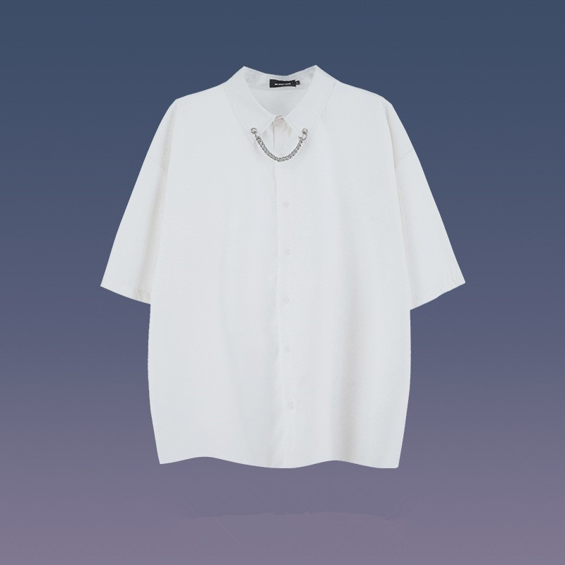 Necklace Design Solid Color Short-sleeved Shirt Men's Summer Thin Teenagers High-end Sense Loose Half-sleeved Fashionable Shirt for Men