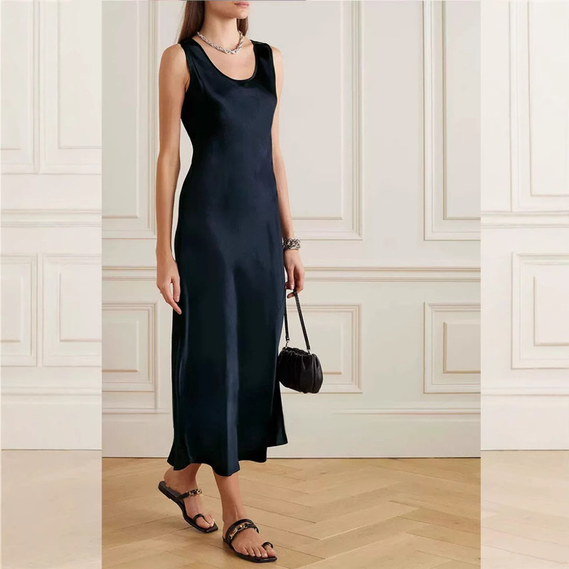 Bias-Cut 100% Acetate Pleated Silk A-Line Tank Dress for Women, Autumn, Petite, Satin Sleeveless Tank Long Dress