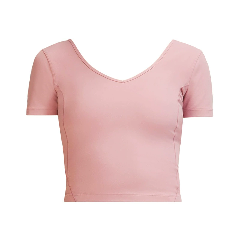 Спортивная йога одежда, короткая дышащая быстросохнущая футболка для зала, красивая спина, с коротким рукавом, обтягивающий, V-образный вырез