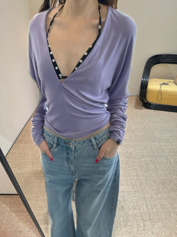 新款百搭休闲天丝羊毛显瘦V领隐拉蝙蝠袖针织上衣长袖女式T恤5327|undefined