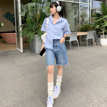 牛仔中裤女2024夏新款直筒宽松高腰蓝色阔腿五分裤子潮毛边短裤子