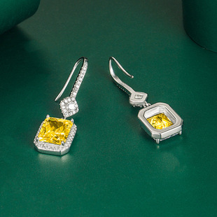 European and American new simulated princess-shaped Asscher yellow diamond ear hooks luxury full diamond earrings hot sale e8200