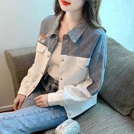 拼接撞色牛仔外套女春秋季秋装新款宽松外搭开衫气质短款上衣