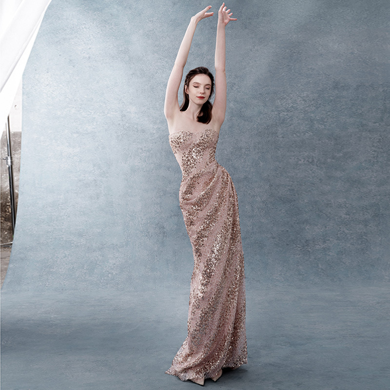 Elegant French Style Light Luxury Sequined Strapless Evening Gown Sophisticated Mermaid Style Engagement Dress for Women Hostess Banquet Toast_ecoleips.com