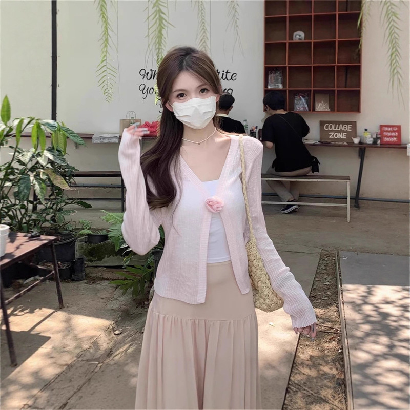 Summer Korean Style Loose and Sweet Flower Light Pink Ice Silk Knitted Cardigan Long-Sleeved Sun Protection Outer Thin Top