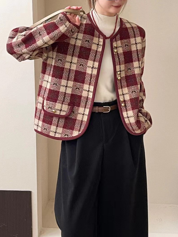 秋冬新款时尚洋气小香风仿双面呢外套女士复古千鸟格气质针织开衫|undefined