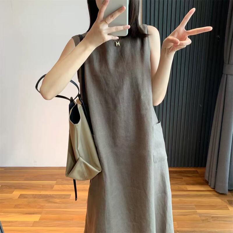 Japanese Style Work Clothing Simple Customer-Supplied Fine Pure Linen Retro Literary Slimming Look and Flesh-Covering Sleeveless Mid-Length A-Line Dress