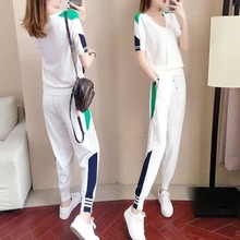 休闲运动套装女2025新款夏装V领短袖九分裤时尚洋气两件套ins批发