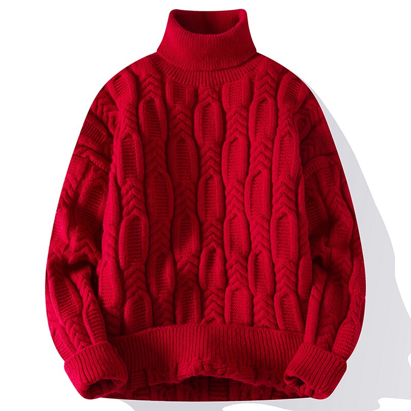 Anyang Big Red Life Year Sweater Autumn and Winter Thickened High Neck Hemp Pattern Knitted Sweater Jacket Christmas Couple Sweater