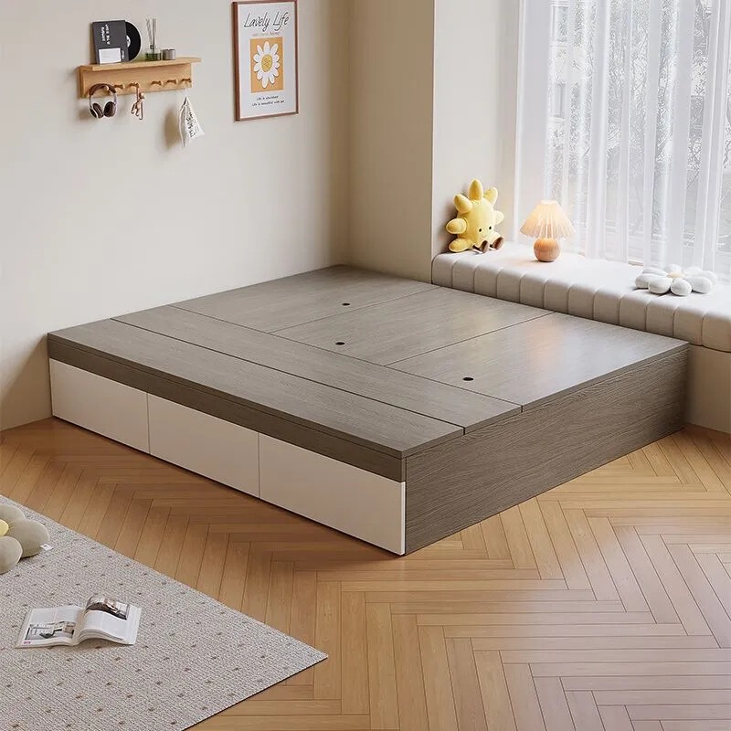 Tatami Bed with Integrated Wardrobe, Bedroom Bed for Small Apartments, Solid Wood Bed, Double Bed, Storage Bed with Partition, Storage Bed Frame