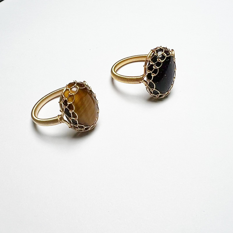 Daily Occasion Retro Oval Blue San Tiger Eye Open Ring
