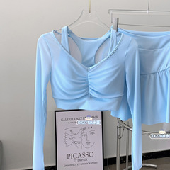 2025 新製品偽ツーピースメッシュヨガウェア Tシャツ女性の長袖通気性痩身フィットネスピラティストップ
