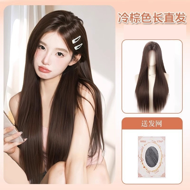 Hand-woven straight hair parted in the middle forehead [cold brown] + hair net